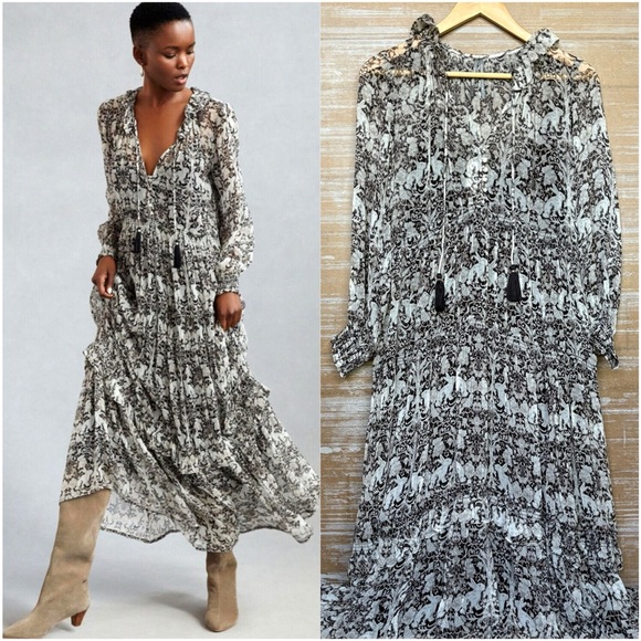 Anthropologie Marias Printed Chiffon Maxi Dress Neutral Boho Preppy Womens XS - Picture 1 of 8